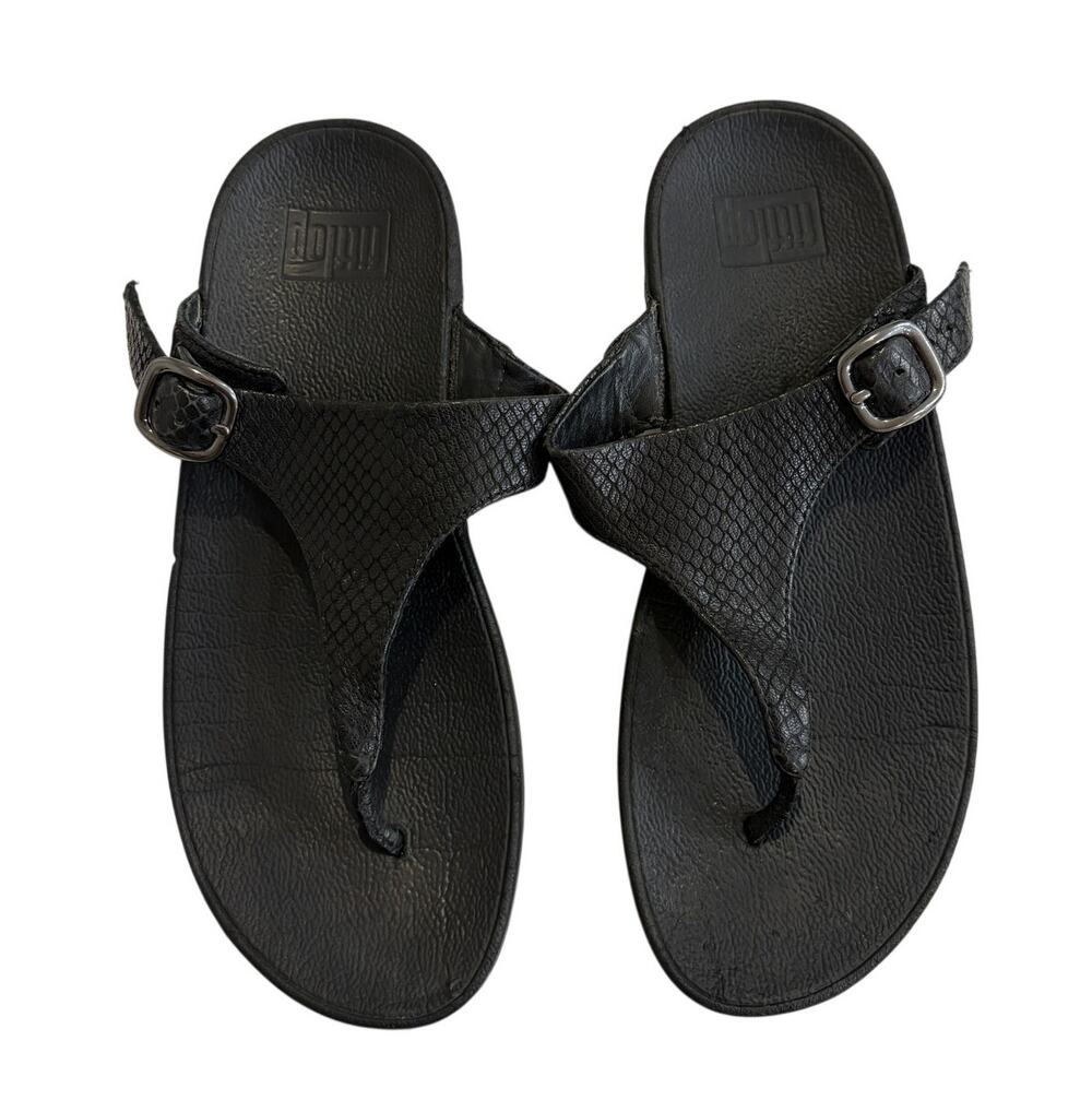 FitFlop Lulu Adjustable Sandals 7 Black Snakeskin Leather Toe-Post Slide Buckle